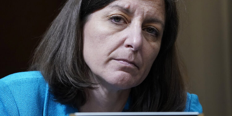 FILE - Rep. Elaine Luria, D-Va., listens as the House select committee investigating the Jan. 6, 2021, attack on the Capitol holds a hearing at the Capitol in Washington, Thursday, June 16, 2022. (AP Photo/Susan Walsh, File)