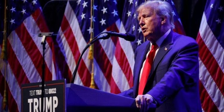 FILE PHOTO: Former U.S. President Donald Trump delivers remarks on education as he holds a campaign rally with supporters, in Davenport, Iowa, U.S. March 13, 2023. REUTERS/Jonathan Ernst/File Photo