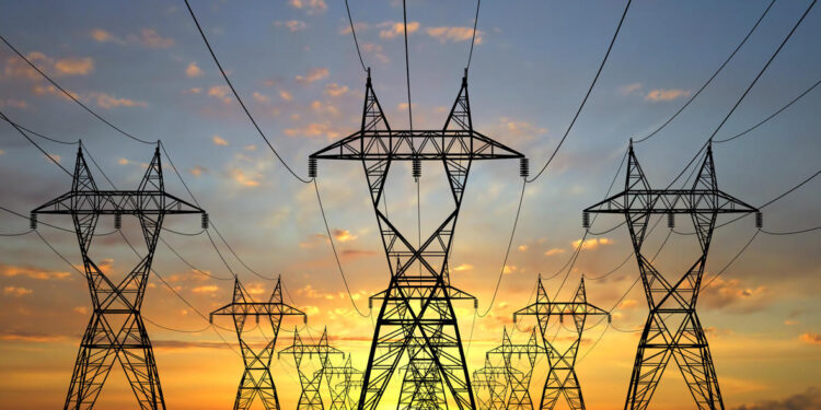 3D Electric powerlines over sunrise