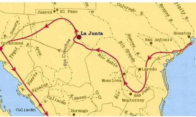 Ruta transcontinental de los cuatro náufragos sobrevivientes de la expedición de Pánfilo de Narváez, los primeros exploradores del septentrión de la Nueva España (1528-1536). Interpretación de la ruta por el arqueólogo Alex D. Krieger.