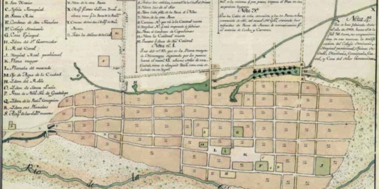 Plan de la ciudad de Monterrey, de 1798, ordenado por el gobernador Simón de Herrera y Leyva, al maestro de obras, Juan Bautista Crouset.