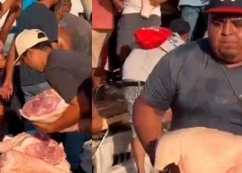 Rapiña de 20 Toneladas de pierna de cerdo tras volcadura de tráiler