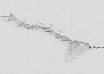 Fracción de mapa de Jean Louis Berlandier del trayecto tomado por la Comisión de Límites entre Revilla y Camargo. Biblioteca Bienecke de la Universidad de Yale.