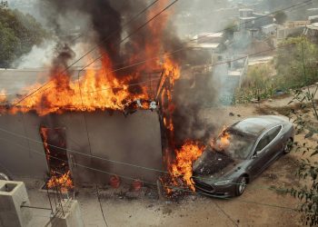 Gringo incendia su tesla al querer cagarlo con un “diablito”