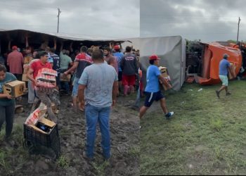 Rapiña tras volcadura de tráiler cervecero